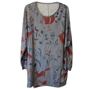Boutique Whimsical Fox and Floral Print Tunic Top, [XL+++]